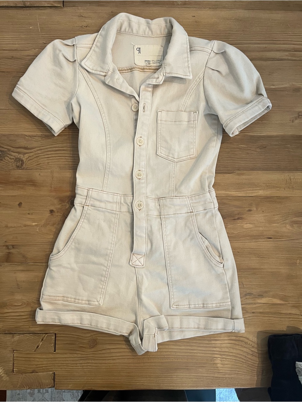 Pilcro/Anthropologie Cream Short-Sleeve One-Piece Structured Romper